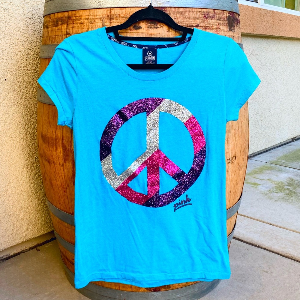 Vintage Y2K Victoria’s Secret Pink Large peace sign Logo Glitter t-shirt shirt